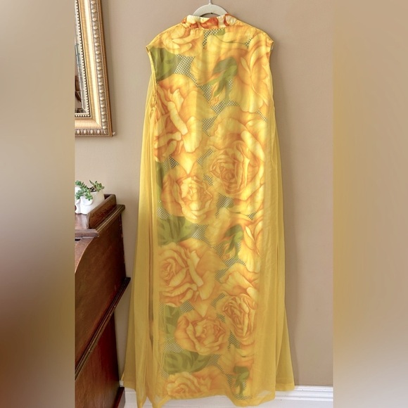Vintage 1960s Alice Polynesian Chiffon Maxi Dress Hawaiian Yellow Floral Muumuu - Picture 9 of 16
